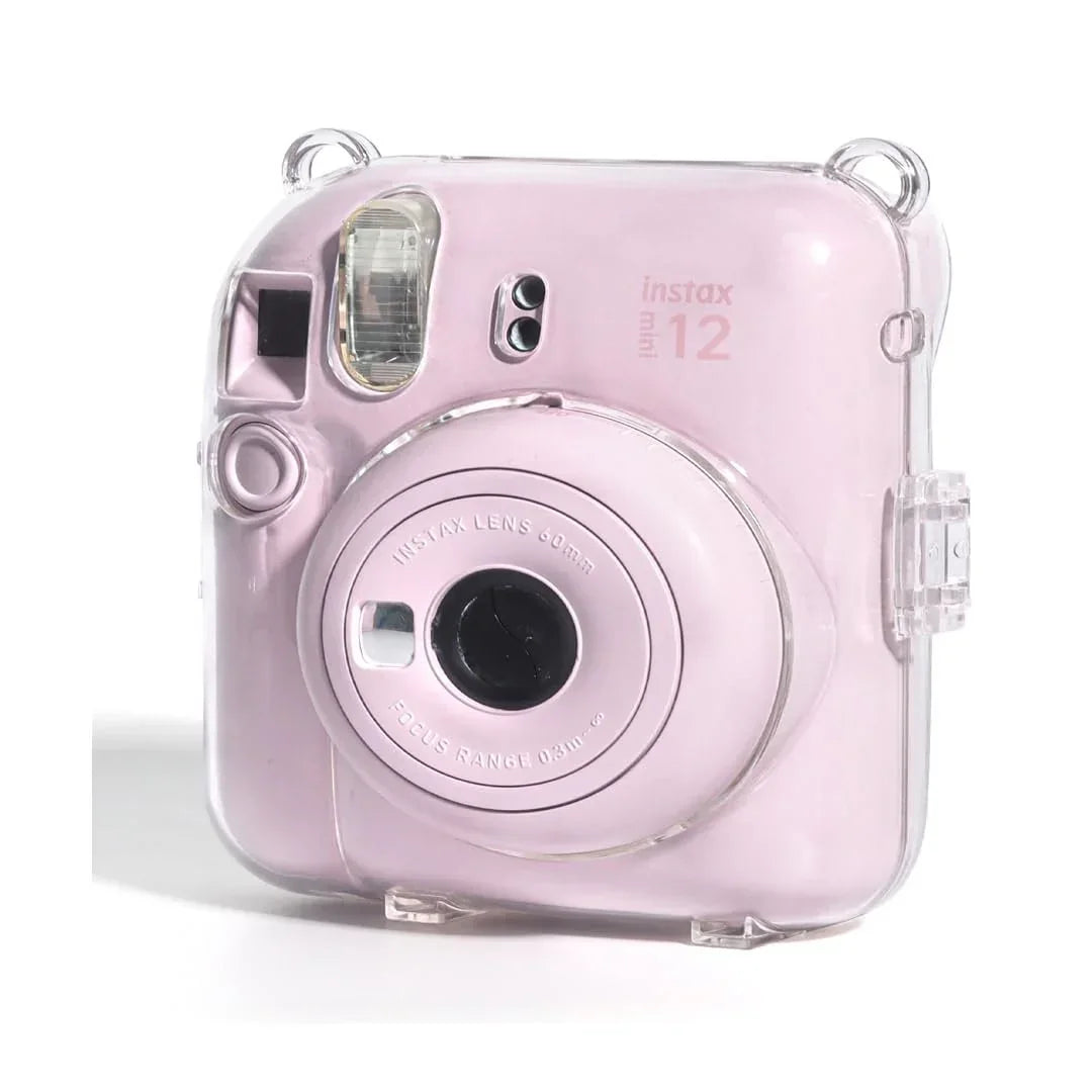 Accessories Bundle - Camera Case for Fujifilm Instax Mini 12 (Crystel Clear) + Adjustable Rainbow Strap and Photo Pocket in Back + Case Decorative Stickers - Blossom Pink - Jaiman Toys