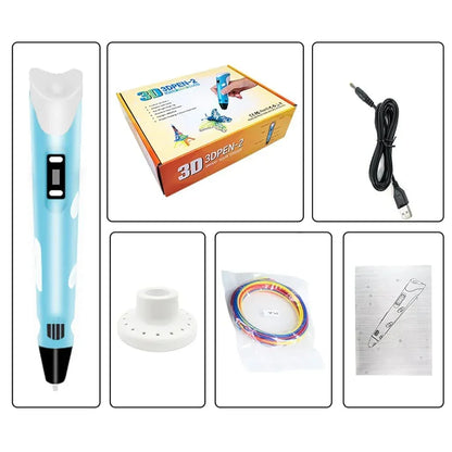 3D printing pen kit with blue pen, USB cable, instruction sheet, filament, stand, and box