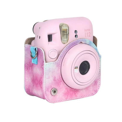 Blue Pink Painting Charm – Rainproof PU Leather Case for Instax Mini 12 with Adjustable Strap - Jaiman Toys