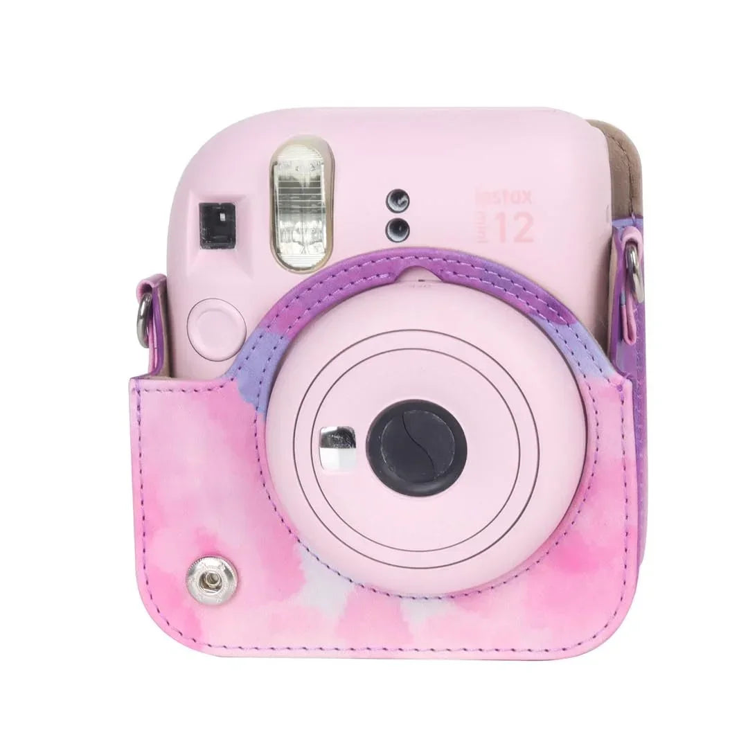 Pink Painting Charm – Rainproof PU Leather Case for Instax Mini 12 with Adjustable Strap - Jaiman Toys