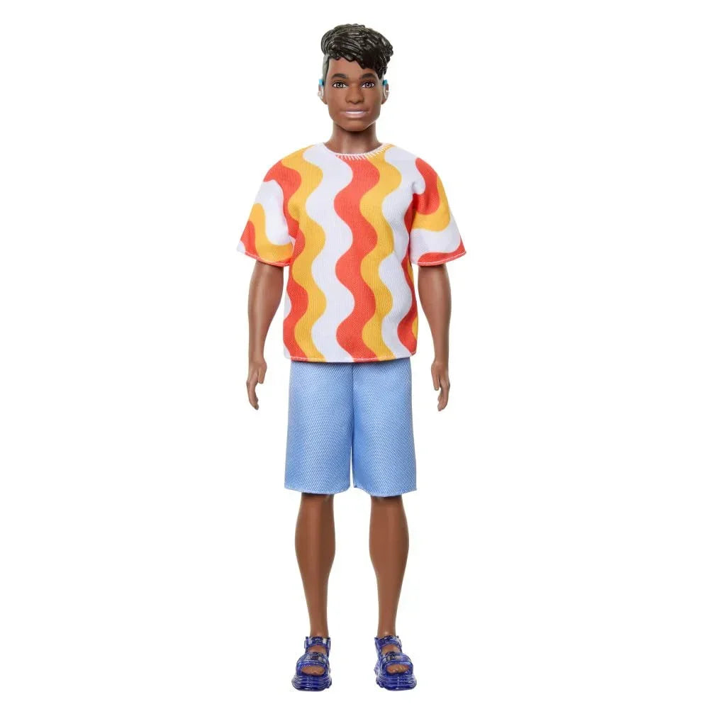 Barbie Fashionistas Ken Doll #220 with Behind-The-Ear Hearing Aids & Broad Body Wearing a Removable Orange Patterned Shirt, Shorts & Jelly Sandals - Jaiman Toys