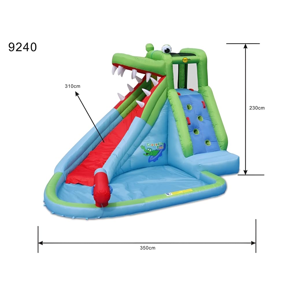 Happy Hop Crocodile Inflatable Water Slide Pool with Climbing Wall & Splash Area | Kids Wet & Dry Water Park | Ages 3+