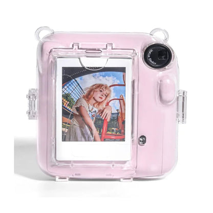Accessories Bundle - Camera Case for Fujifilm Instax Mini 12 (Crystel Clear) + Adjustable Rainbow Strap and Photo Pocket in Back + Case Decorative Stickers - Blossom Pink - Jaiman Toys