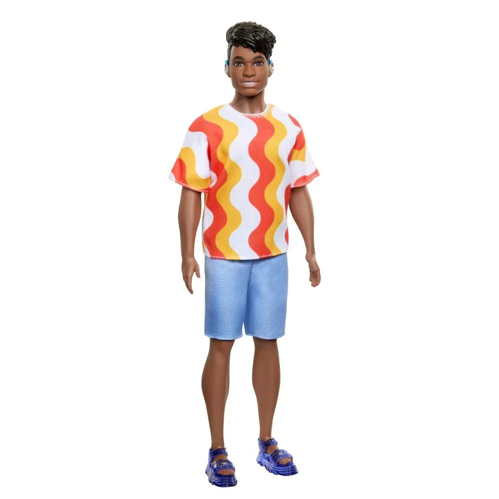 Barbie Fashionistas Ken Doll #220 with Behind-The-Ear Hearing Aids & Broad Body Wearing a Removable Orange Patterned Shirt, Shorts & Jelly Sandals - Jaiman Toys