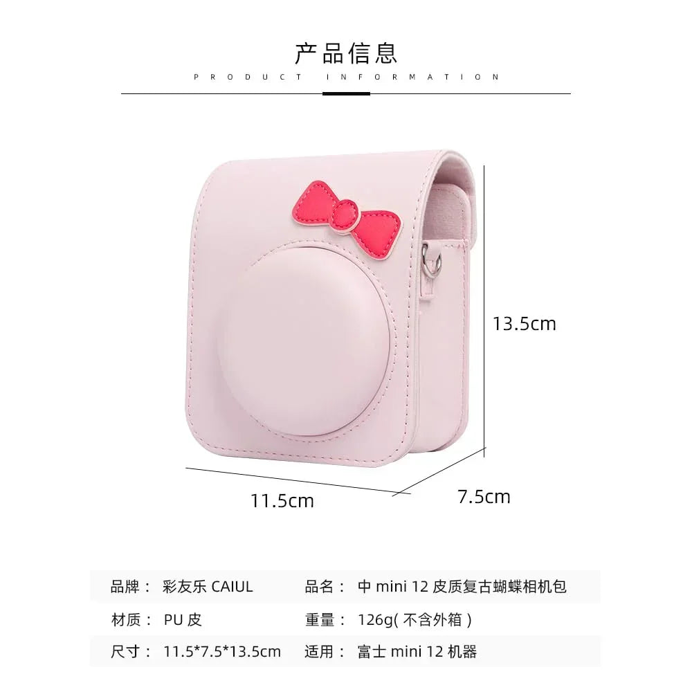 Chic Charm – White Bowknot PU Leather Camera Case for Instax Mini 12 with Strap -Pink - Jaiman Toys