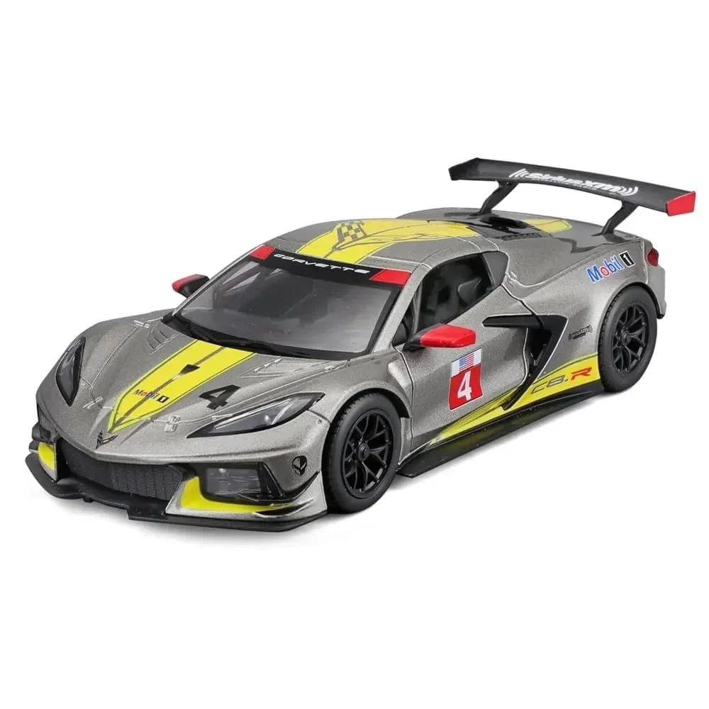 Bburago 1:24 Scale Die‑Cast Model – 2020 Chevrolet Corvette C8.R #4 (Grey Metallic with Yellow Stripes) - Jaiman Toys