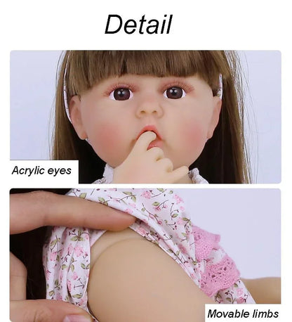 Lifelike Reborn Baby Girl Doll – Toddler with Realistic Sound & Brown Hair & Green Outfit Dress