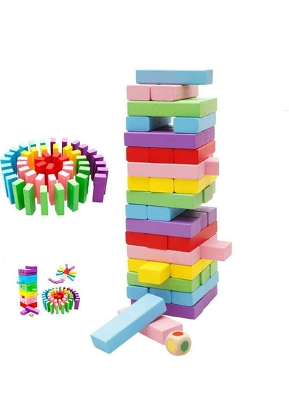 Simarr Coloured Stackeez Wooden Tower Stacking Game – 54 Piece Wooden Blocks with Dice | Classic Family Balance Game for Kids & Adults