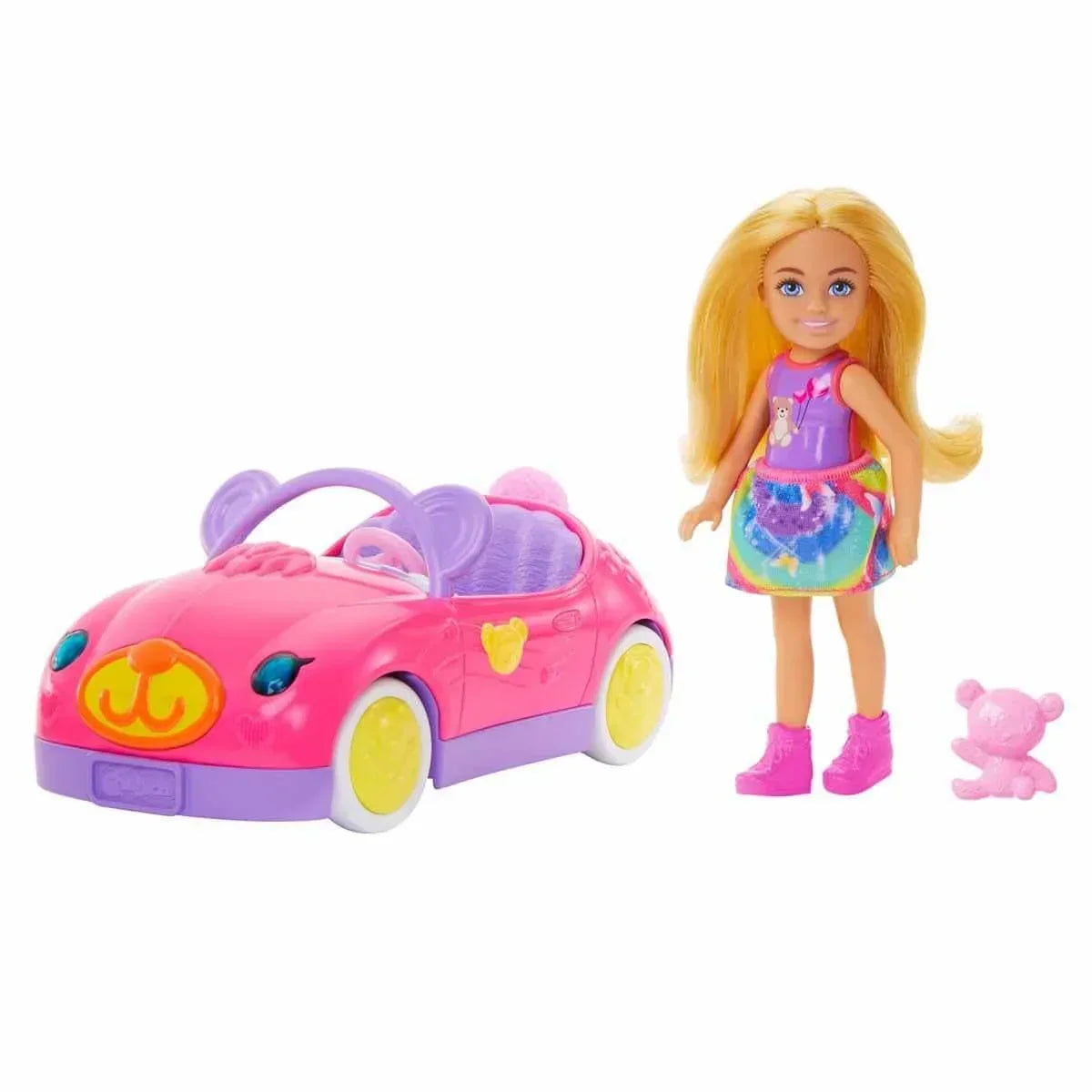 Barbie Chelsea Doll & Toy Car Set with Bear-Themed Convertible & Teddy Bear Accessory, Blonde Small Doll Wears Removable Skirt & Shoes - Jaiman Toys