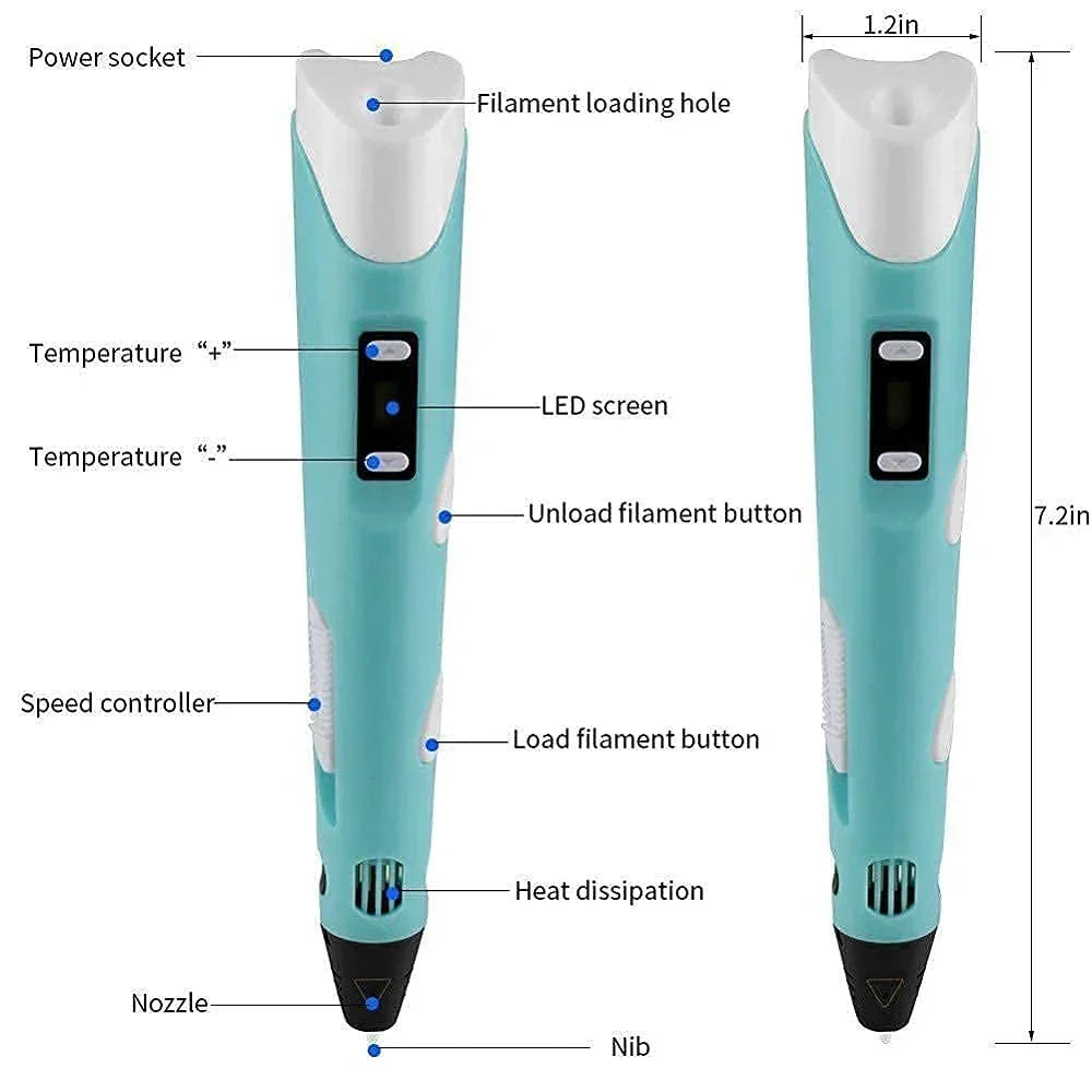 Blue 3D printing pen with labeled buttons, LED screen, nozzle, and filament loading features