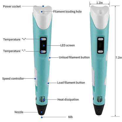 Blue 3D printing pen with labeled buttons, LED screen, nozzle, and filament loading features