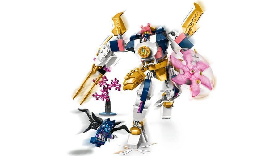 LEGO robot action figure with gold swords, pink shield, and battling dragon minifigure