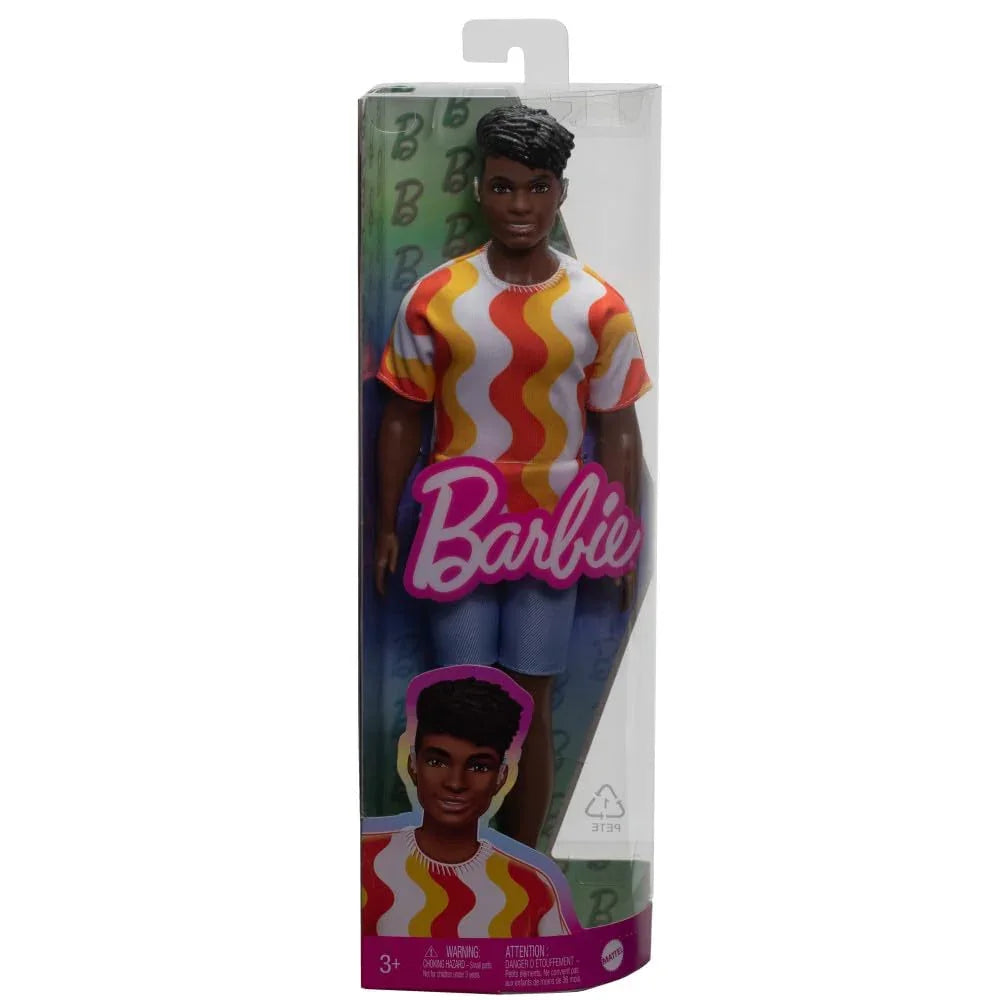 Barbie Fashionistas Ken Doll #220 with Behind-The-Ear Hearing Aids & Broad Body Wearing a Removable Orange Patterned Shirt, Shorts & Jelly Sandals - Jaiman Toys