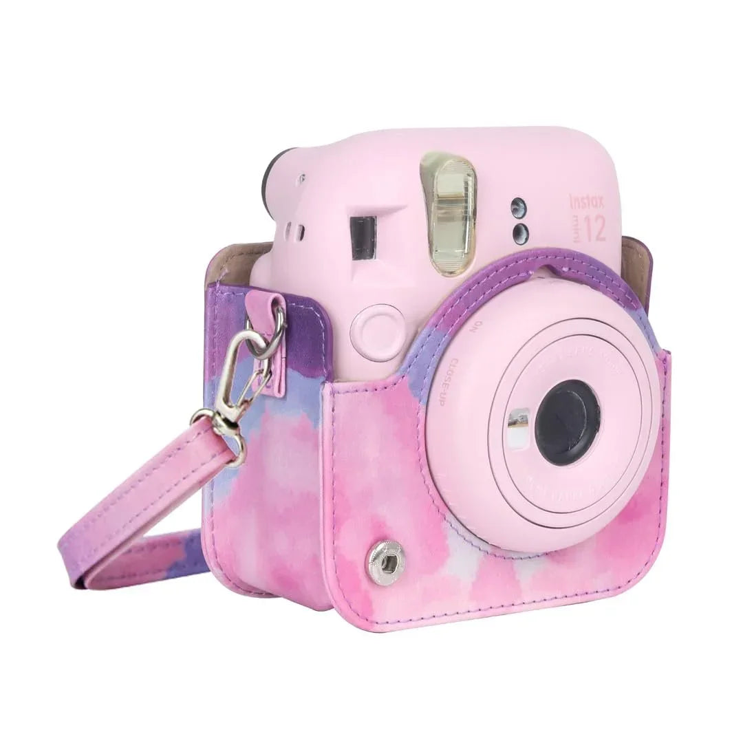 Pink Painting Charm – Rainproof PU Leather Case for Instax Mini 12 with Adjustable Strap - Jaiman Toys