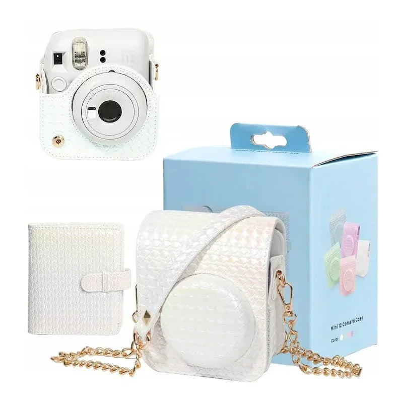 Iridescent PU Leather Case & Photo Album Set for Fujifilm Instax Mini 12 – Includes Carrying Case & 64 Sheets Photo Album (Clay White) - Jaiman Toys