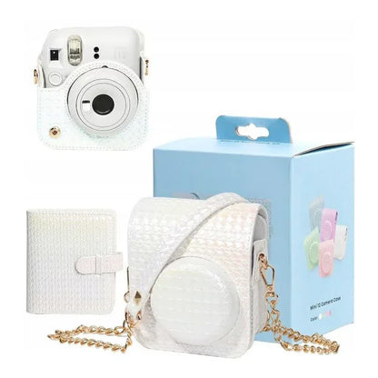 Iridescent PU Leather Case & Photo Album Set for Fujifilm Instax Mini 12 – Includes Carrying Case & 64 Sheets Photo Album (Clay White) - Jaiman Toys