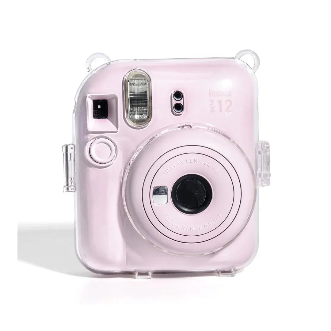 Accessories Bundle - Camera Case for Fujifilm Instax Mini 12 (Crystel Clear) + Adjustable Rainbow Strap and Photo Pocket in Back + Case Decorative Stickers - Blossom Pink - Jaiman Toys