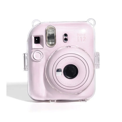Accessories Bundle - Camera Case for Fujifilm Instax Mini 12 (Crystel Clear) + Adjustable Rainbow Strap and Photo Pocket in Back + Case Decorative Stickers - Blossom Pink - Jaiman Toys