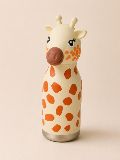 Afresh 365 Giraffe Animal Head Insulated Kids Water Bottle 450ml (16oz) | Stainless Steel Straw Bottle