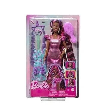 Barbie Fun &amp; Fancy: Brunette Beauty with Extra-Long Colorful Hair and Shimmery Pink Dress - Jaiman Toys