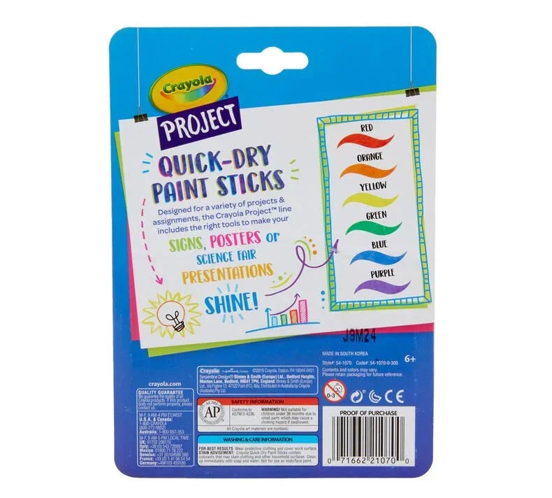 Back of Crayola Project Quick-Dry Paint Sticks pack showing six colors for kids crafts.