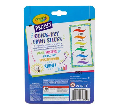 Back of Crayola Project Quick-Dry Paint Sticks pack showing six colors for kids crafts.