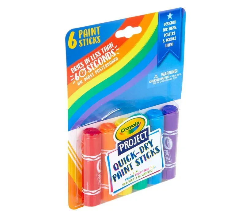 Pack of Crayola Project Quick-Dry Paint Sticks, six colorful paint markers in packaging.
