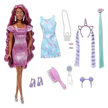 Barbie Fun &amp; Fancy: Brunette Beauty with Extra-Long Colorful Hair and Shimmery Pink Dress - Jaiman Toys