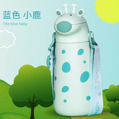Kids Green Giraffe Thermos Flask Water Bottle with One-Touch Flip Lid and Straw, Stainless Steel Bottle 400 ML - Jaiman Toys