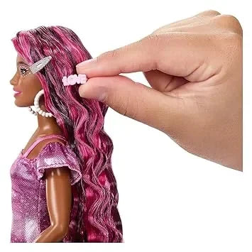 Barbie Fun &amp; Fancy: Brunette Beauty with Extra-Long Colorful Hair and Shimmery Pink Dress - Jaiman Toys