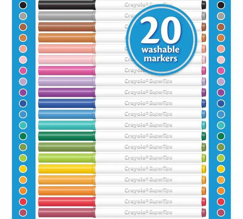 Set of 20 Crayola SuperTips washable markers in assorted vibrant colors, displayed in rows.