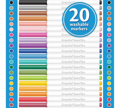 Set of 20 Crayola SuperTips washable markers in assorted vibrant colors, displayed in rows.