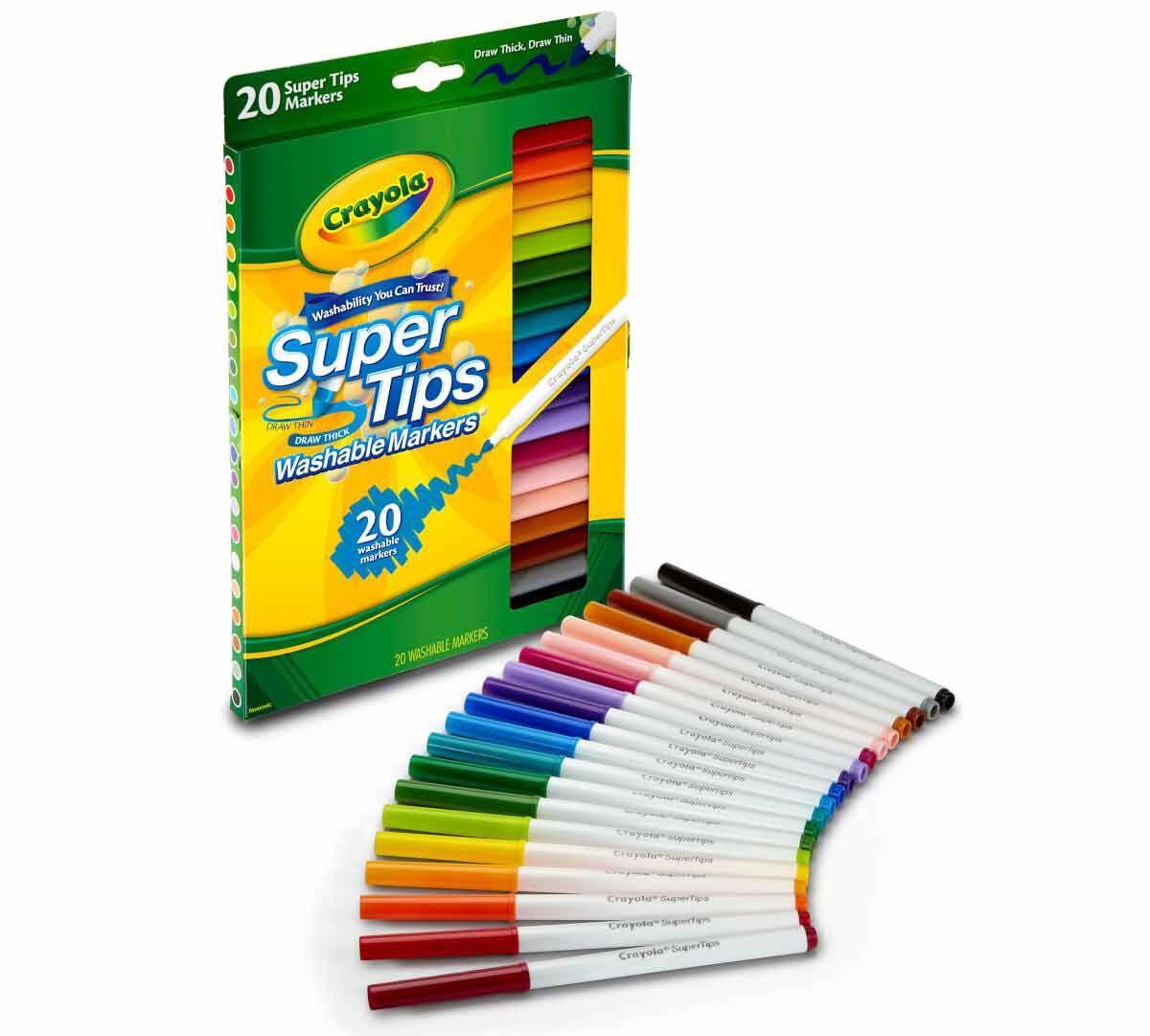 Box of 20 colorful washable markers with markers spread out in front on white background