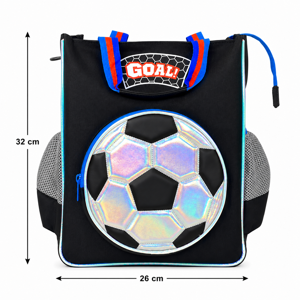 Goal! Soccer Ball Kids Backpack Vest Bag (32 x 26 cm) | Football-Themed School & Sports Backpack with Holographic Front Pocket