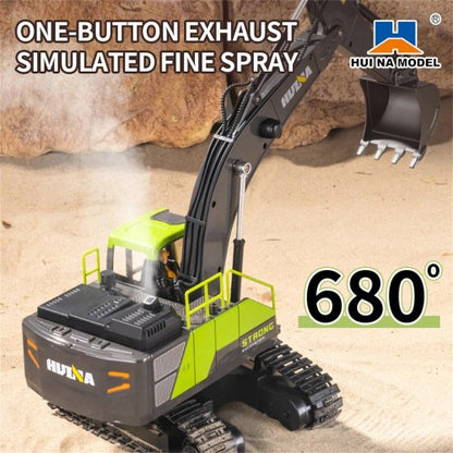 Huina 1661 1:18 Die-Cast Metal RC Excavator | 11-Channel Remote Control Construction Vehicle with LED Lights, Rechargeable Battery & 2.4GHz Radio System