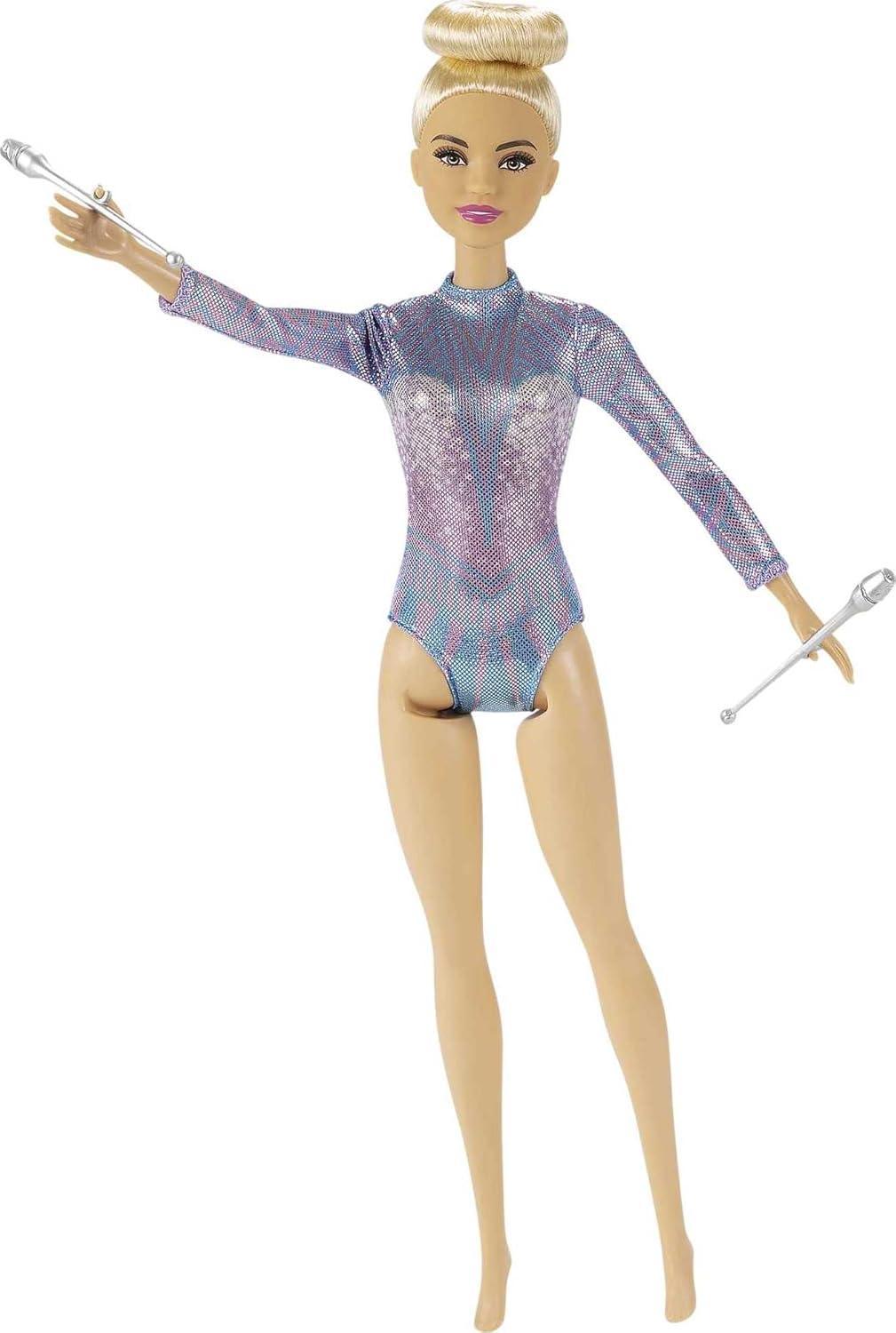 Barbie Rhythmic Gymnast Blonde Doll (12-in/30.40-cm) with Colorful Metallic Leotard, 2 Clubs & Ribbon Accessory, Great Gift for Ages 3 Years Old & Up - Jaiman Toys