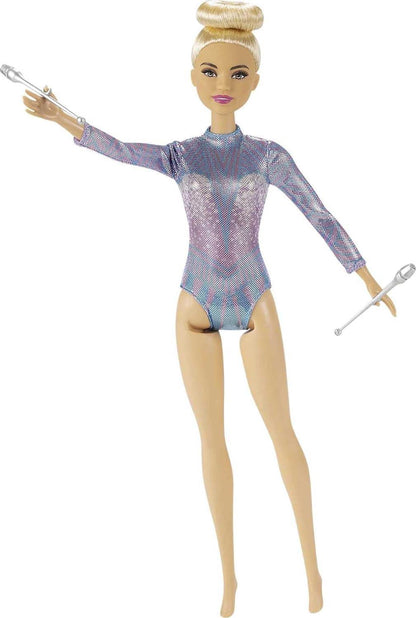 Barbie Rhythmic Gymnast Blonde Doll (12-in/30.40-cm) with Colorful Metallic Leotard, 2 Clubs & Ribbon Accessory, Great Gift for Ages 3 Years Old & Up - Jaiman Toys