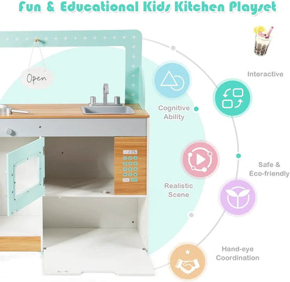 2 In 1 Kids Play Kitchen & Diner Restaurant Wooden Pretend Cooking Playset Kitchen Toys - Hw64636