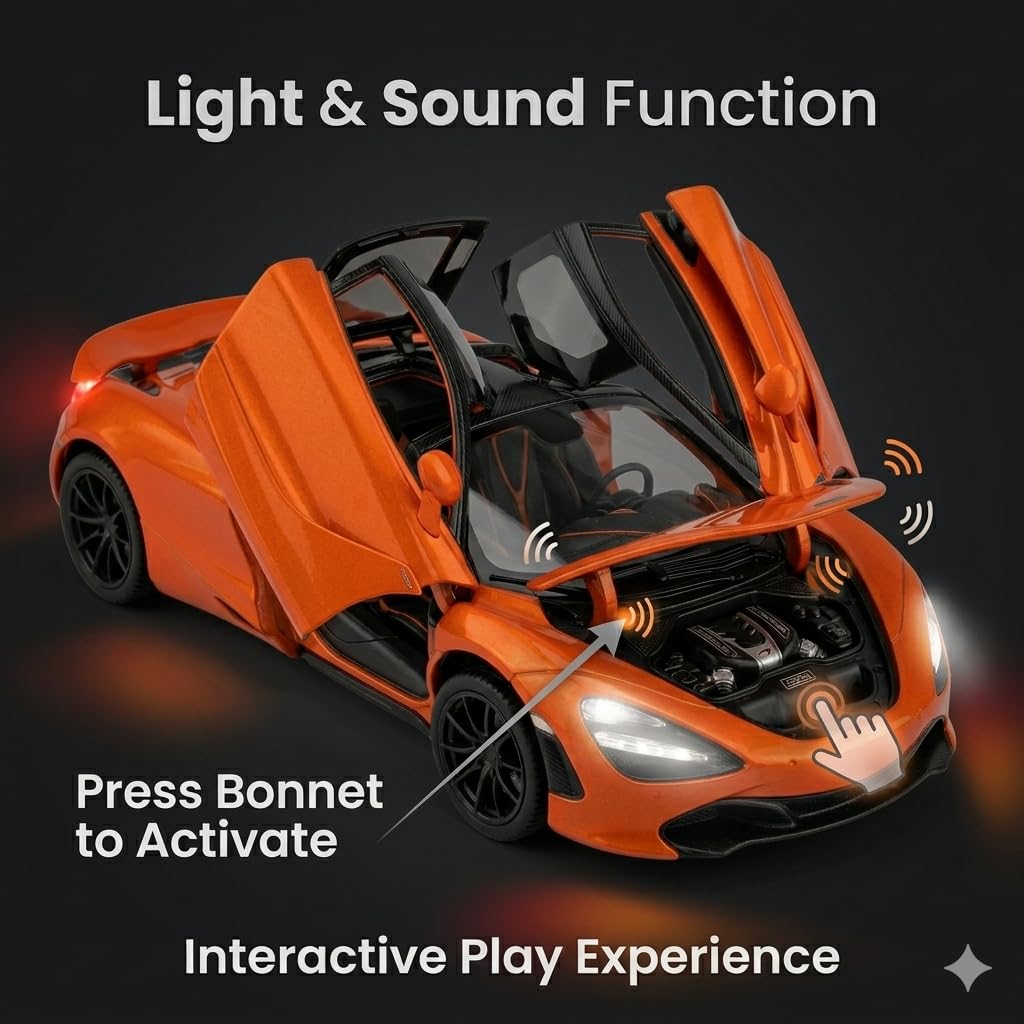 Joy Junction 1:24 Scale McLaren 720S Die-Cast Model Car | Pull Back Sports Car with Sound & Light | Orange Collectible Toy Car
