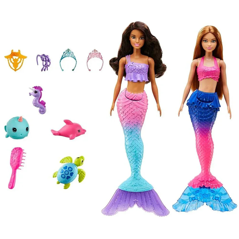 Barbie Mermaid Set with 2 Brunette Dolls (12-in/30.40-cm), Colorful Mermaid Clothes, 4 Sea Pet Toys, 2 Tiaras, Headband, Necklace & Brush, Toy Gift for Ages 3 Years Old & Up - Jaiman Toys