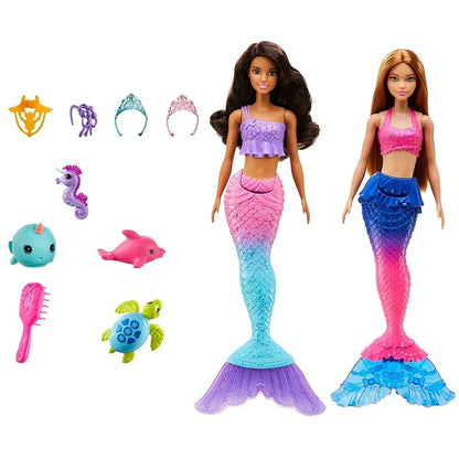 Barbie Mermaid Set with 2 Brunette Dolls (12-in/30.40-cm), Colorful Mermaid Clothes, 4 Sea Pet Toys, 2 Tiaras, Headband, Necklace & Brush, Toy Gift for Ages 3 Years Old & Up - Jaiman Toys
