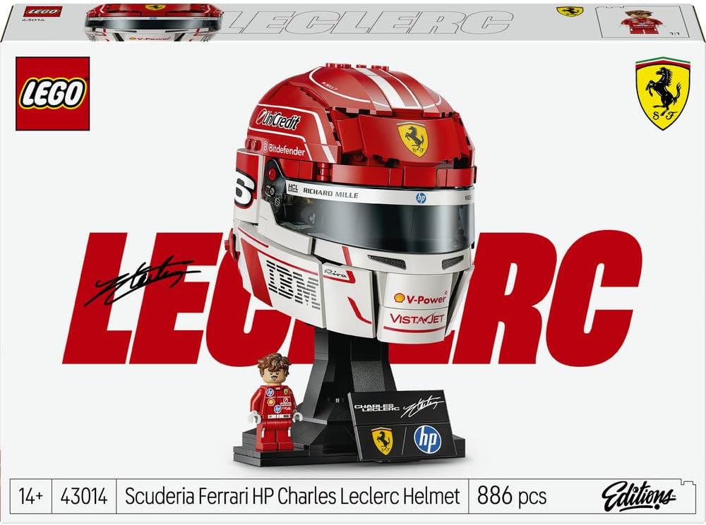 LEGO 43014 Editions Scuderia Ferrari HP Charles Leclerc Helmet - F1 Merchandise - Display Model Kit w/Collectible Minifigure - Gift for 14+ Year Old Boys & Adult Motorsport Fans