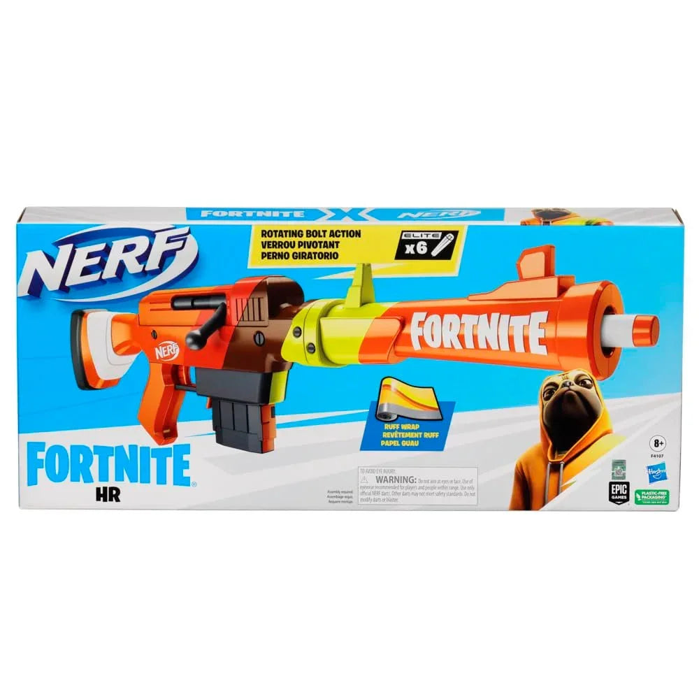 Nerf Fortnite HR Blaster, Ruff Wrap Design, 6-Dart Elite Clip, 6 Elite Darts, Rotating Bolt, Detachable Barrel, Multicolor