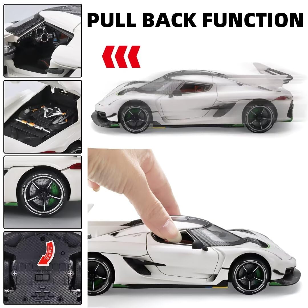 Joy Junction 1:24 Koenig Smoke White Scale Die-Cast Hypercar Model with Sound & Light – Pull Back Metal Sports Car Toy