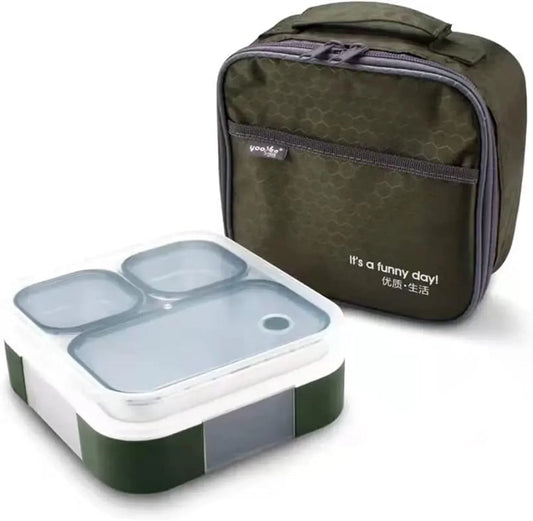 Stainless Steel Kids Lunch Box - 720ML Insulated Bento with Tableware & Bag, 3 Compartments, Leakproof, BPA-Free, Dishwasher Safe - Olive - Jaiman Toys