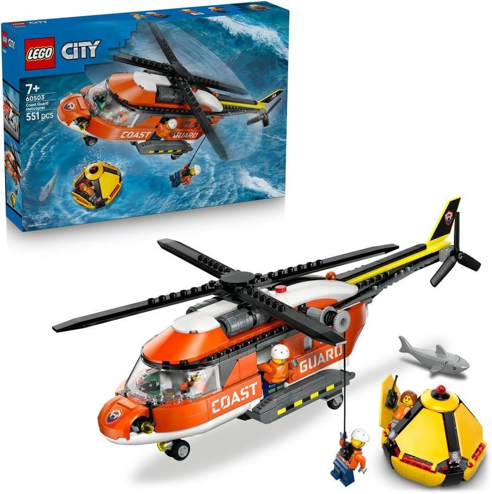 LEGO City - 60503 Coast Guard Helicopter Toy - Emergency Vehicle Model Kit w/Sliding Doors, Winch, 4 Minifigures & Shark Figure - Birthday Gift for 7+ Year Old Boys