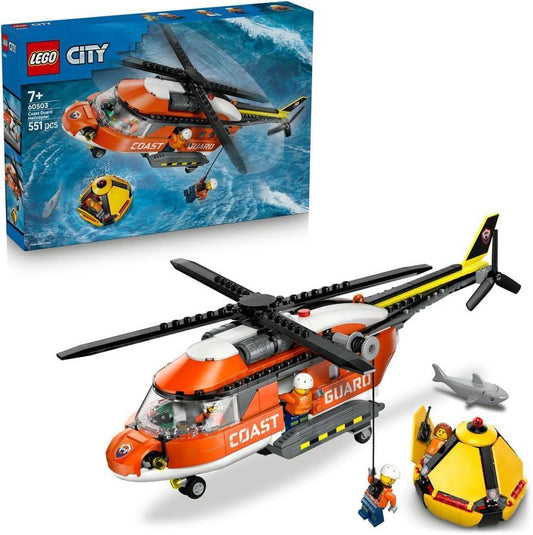 LEGO City - 60503 Coast Guard Helicopter Toy - Emergency Vehicle Model Kit w/Sliding Doors, Winch, 4 Minifigures & Shark Figure - Birthday Gift for 7+ Year Old Boys