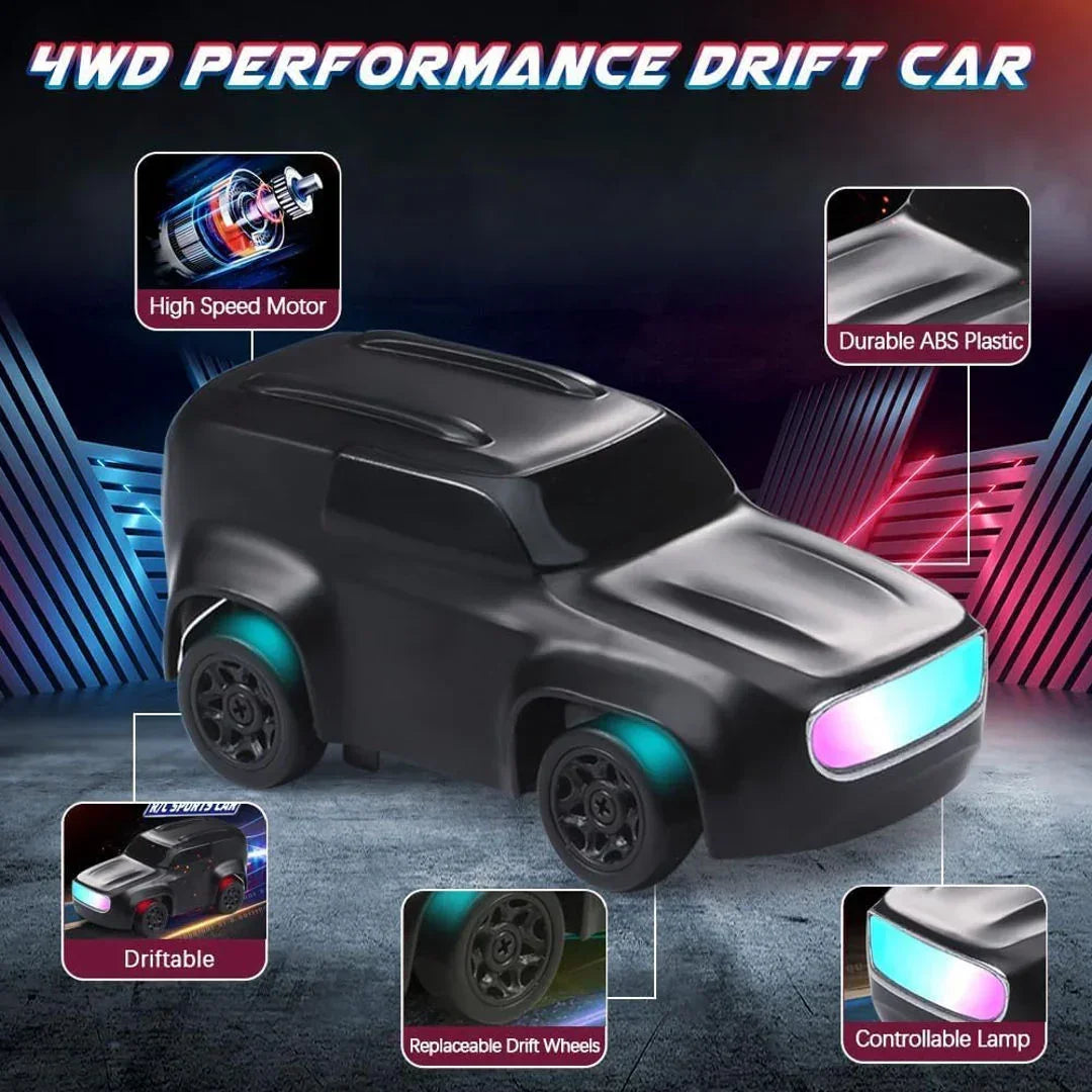 Mini 4WD Q197 1:64 Scale LED Drift RC Car – 2.4GHz Remote Control, Type-C Fast Charge, Adjustable Drift Modes (Grey)