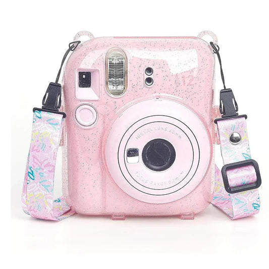 Fujifilm Instax Clear Storage Case for Instax Mini 12 Camera Case Transparent with Shoulder Strap and Camera Sticker with Photo Pocket for Store 10 Photos- Blossom Pink - Jaiman Toys