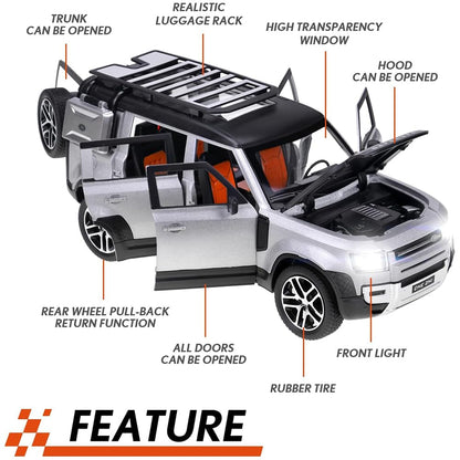 Joy Junction 1:24 Scale Defender SUV Die-Cast Model Car with Sound & Light – Pull Back Metal Off-Road Vehicle Toy (Silver)